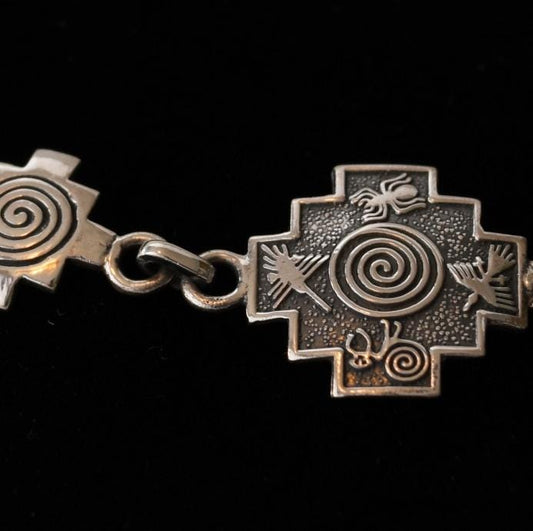 Chakana and Pachamama Spiral Bracelet repeating link Peru 950 Silver Sacred Valley B52504