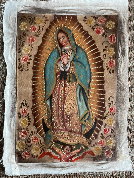 Virgin of Guadalupe Original Painting Oil on Canvas Cusco School 7 3/8 x 11 1/4 CS52509