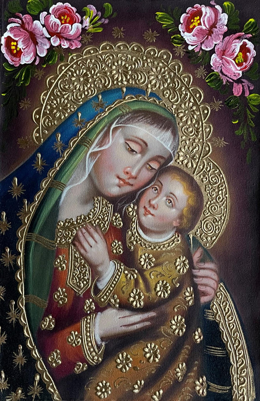 Madonna and Child Original Painting Oil on Canvas Cusco School 7 3/8 x 11 1/4 CS52514