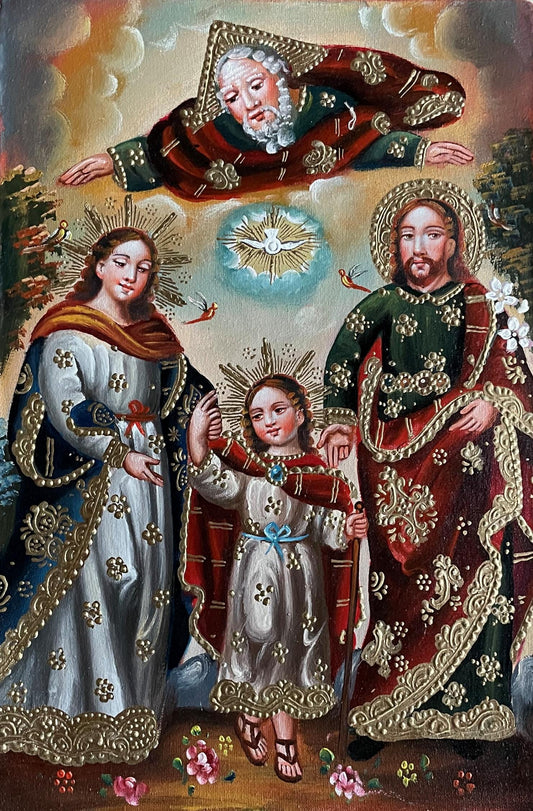 Sacred Family Original Painting Oil on Canvas Cusco School 7 3/8 x 11 1/4 CS52515