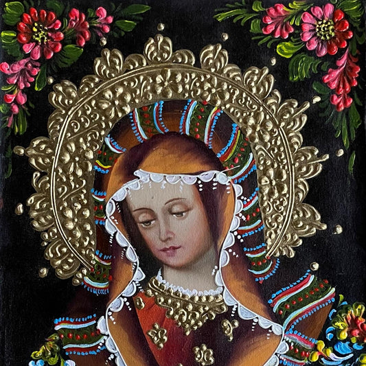 Madonna Virgin Mary Original Painting Oil on Canvas Cusco School 7 3/8 x 11 1/4 CS52516