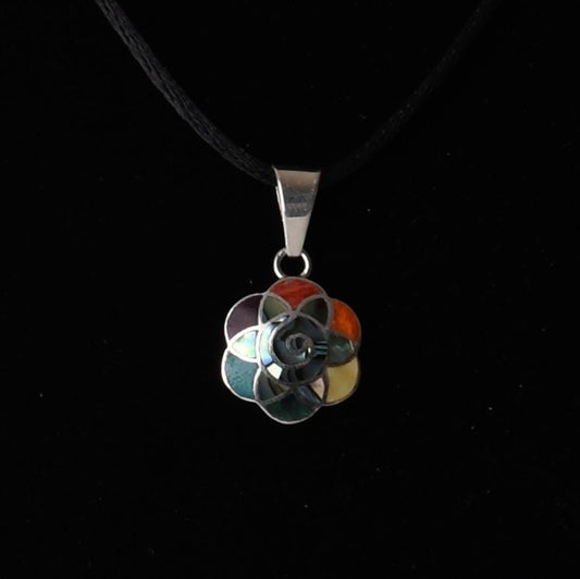 Flower of Life Mandala Pendant with Stone and Abalone Inlay Peru 950 Silver Sacred Valley P52532