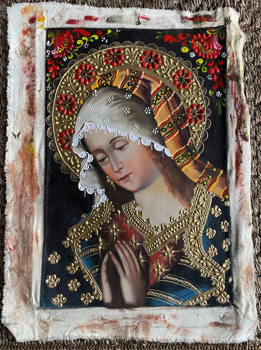 Madonna Virgin Mary Original Painting Oil on Canvas Cusco School 7 3/8 x 11 1/4 CS52517