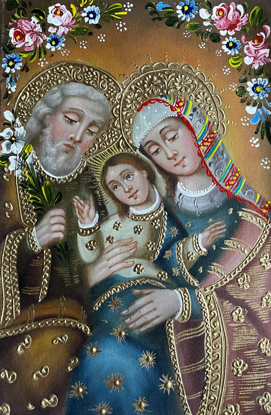Sacred Family Original Painting Oil on Canvas Cusco School 7 3/8 x 11 1/4 CS52518