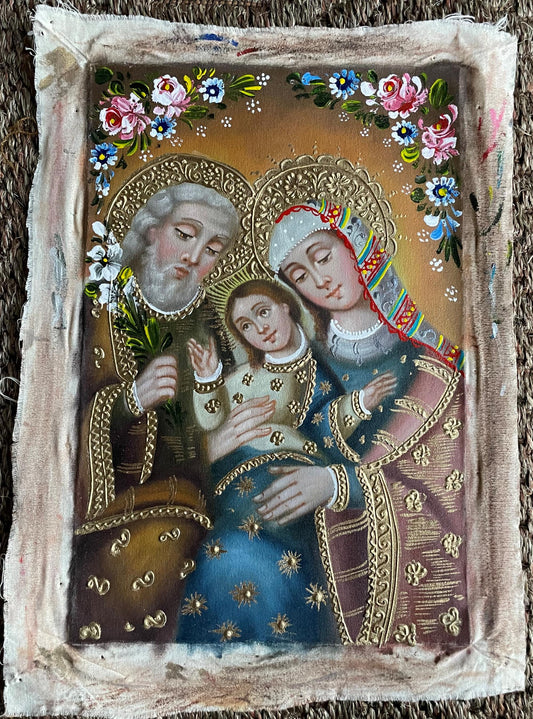 Sacred Family Original Painting Oil on Canvas Cusco School 7 3/8 x 11 1/4 CS52518