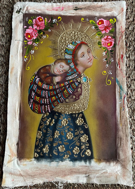 Madonna and Child Original Painting Oil on Canvas Cusco School 7 3/8 x 11 1/4 CS52520