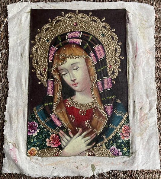 Madonna Virgin Mary Original Painting Oil on Canvas Cusco School 7 3/8 x 11 1/4 CS52523