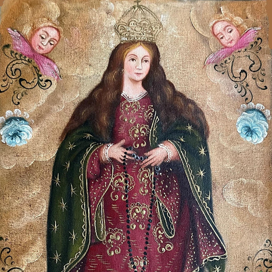 Madonna Virgin Mary Original Painting Oil on Canvas Cusco School 7 3/8 x 11 1/4 CS52524