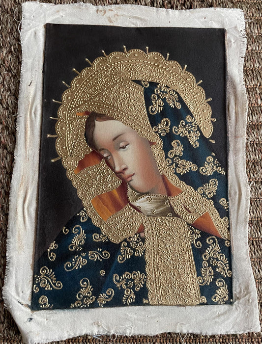 Madonna Virgin Mary Original Painting Oil on Canvas Cusco School 7 3/8 x 11 1/4 CS52526