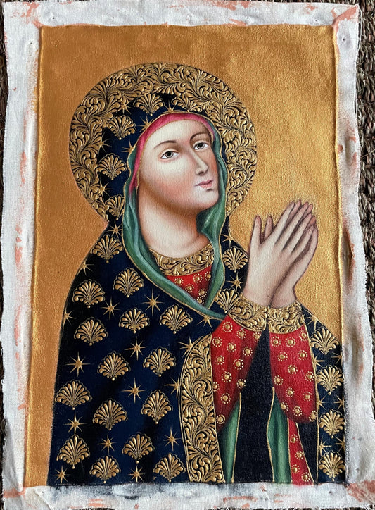Madonna Virgin Mary Original Painting Oil on Canvas Cusco School 7 3/8 x 11 1/4 CS52530