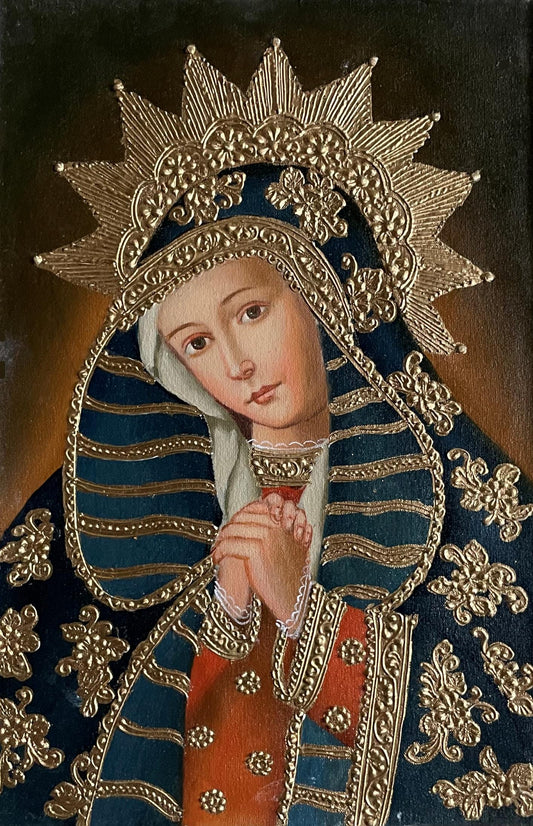 Madonna Virgin Mary Original Painting Oil on Canvas Cusco School 7 3/8 x 11 1/4 CS52531
