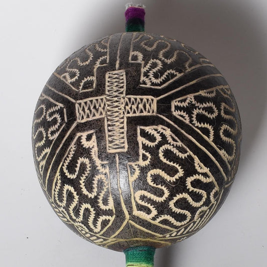 Large Shipibo Ceremonial Rattle with Cross and Shipibo Patterns Handcrafted in Amazon Region Peru R52504