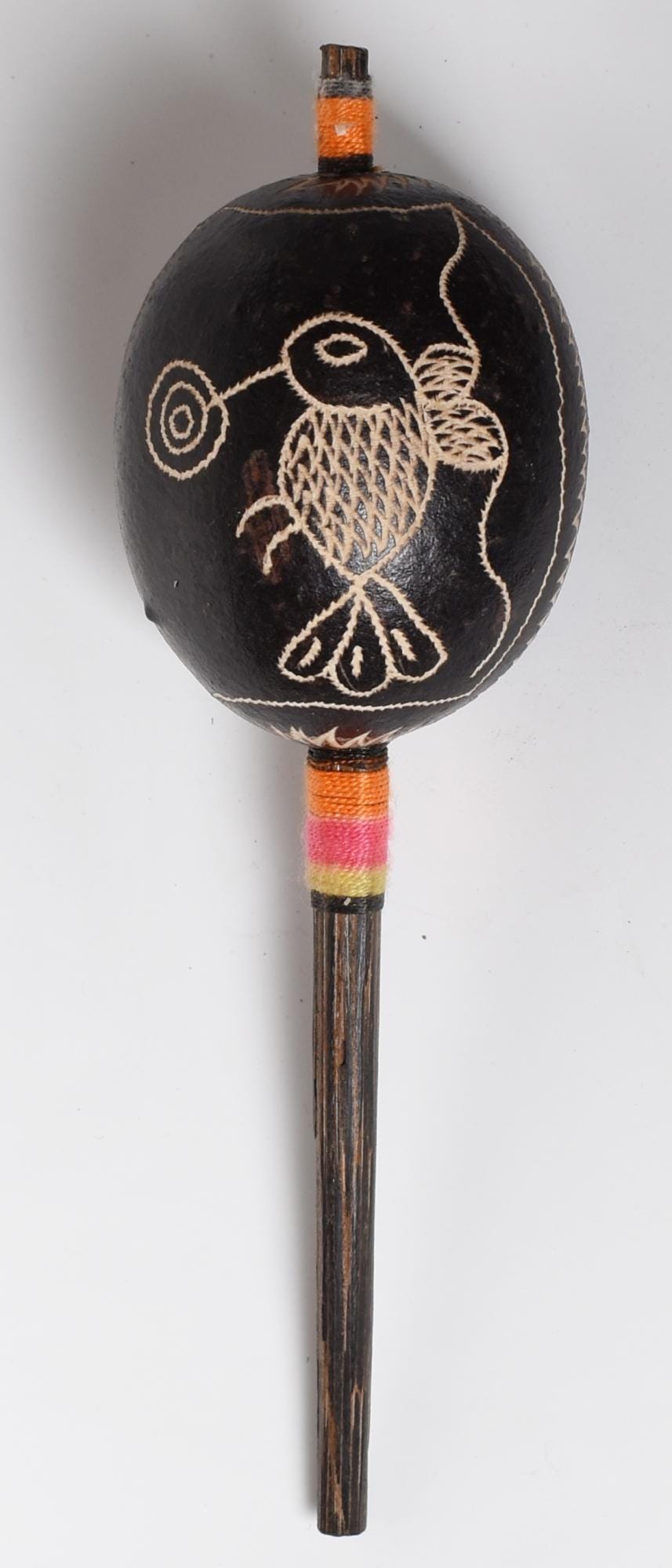 Medium Shipibo Ceremonial Rattle Hummingbird and Owl Handcrafted in Amazon Region Peru R52513