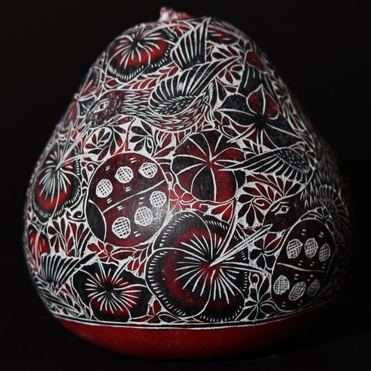 Folk Art Carved Gourd Birds Flowers Ladybugs hand carved Sacred Valley Peru G52501