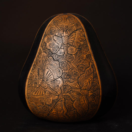 Folk Art Carved Gourd Butterflies and Flowers hand carved Sacred Valley Peru G52504