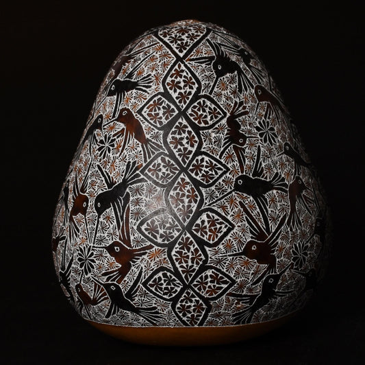 Folk Art Carved Gourd Birds Flowers hand carved Sacred Valley Peru G52506