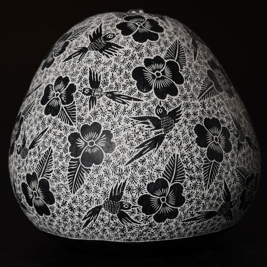 Folk Art Carved Gourd Birds Flowers hand carved Sacred Valley Peru G52507