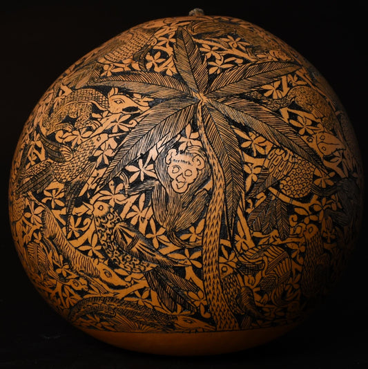 Large Folk Art Carved Gourd Jungle Animals Palm Trees hand carved Sacred Valley Peru G52508