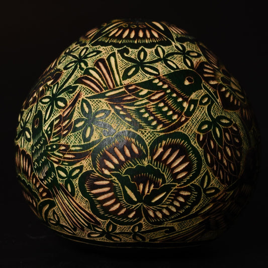 Folk Art Carved Gourd Birds Flowers hand carved Sacred Valley Peru G52509