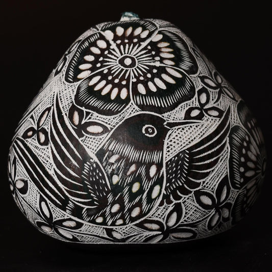Folk Art Carved Gourd Birds Flowers hand carved Sacred Valley Peru G52510