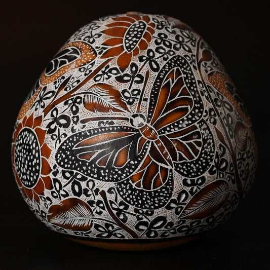 Folk Art Carved Gourd Butterflies Flowers hand carved Sacred Valley Peru G52511