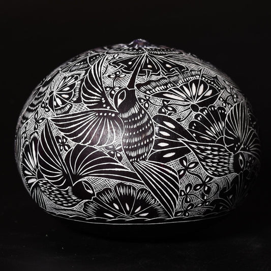 Folk Art Carved Gourd Hummingbirds Flowers hand carved Sacred Valley Peru G52514