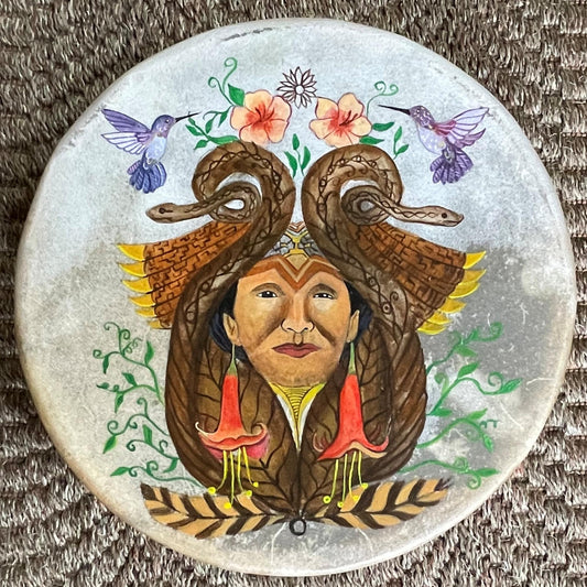Shaman Drum Hand Made and Hand Painted Snakes Hummingbirds Made in Sacred Valley Peru D52510