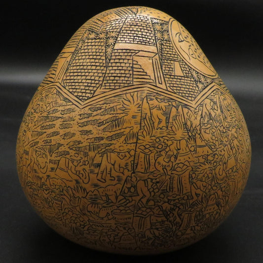 Folk Art Carved Gourd Sun Moon Condor Puma Serpent Daily Life hand carved Sacred Valley Peru P236