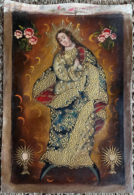 Madonna Virgin Mary Original Painting Oil on Canvas Cusco School 7 3/8 x 11 1/4 CS52508