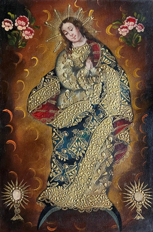 Madonna Virgin Mary Original Painting Oil on Canvas Cusco School 7 3/8 x 11 1/4 CS52508