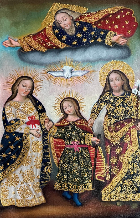 Sacred Family Original Painting Oil on Canvas Cusco School 7 3/8 x 11 1/4 CS52504