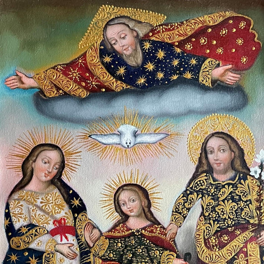 Sacred Family Original Painting Oil on Canvas Cusco School 7 3/8 x 11 1/4 CS52504