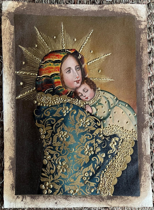 Madonna and Child Original Painting Oil on Canvas Cusco School 7 3/8 x 11 1/4 CS52511
