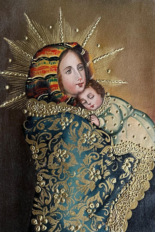 Madonna and Child Original Painting Oil on Canvas Cusco School 7 3/8 x 11 1/4 CS52511