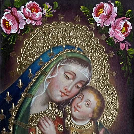 Madonna and Child Original Painting Oil on Canvas Cusco School 7 3/8 x 11 1/4 CS52514