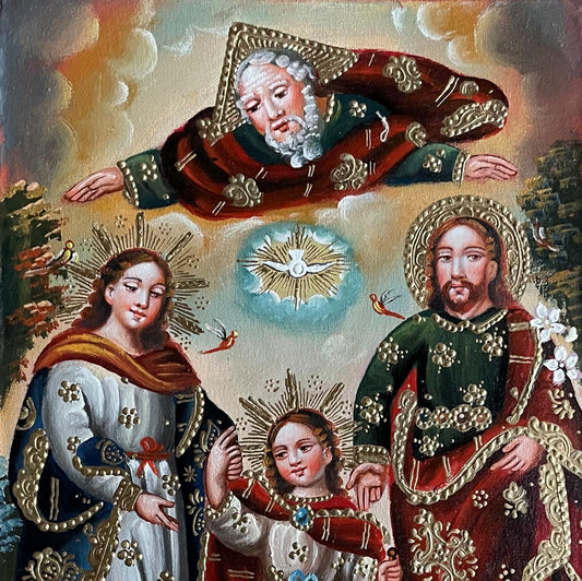 Sacred Family Original Painting Oil on Canvas Cusco School 7 3/8 x 11 1/4 CS52515