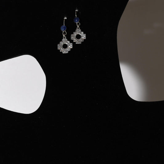 Chakana Earrings Jaguar Snake Condor 950 Silver with Bezel Set Stone Peru Sacred Valley E52507
