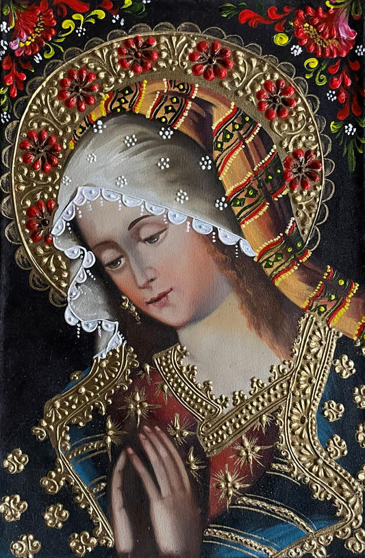 Madonna Virgin Mary Original Painting Oil on Canvas Cusco School 7 3/8 x 11 1/4 CS52517