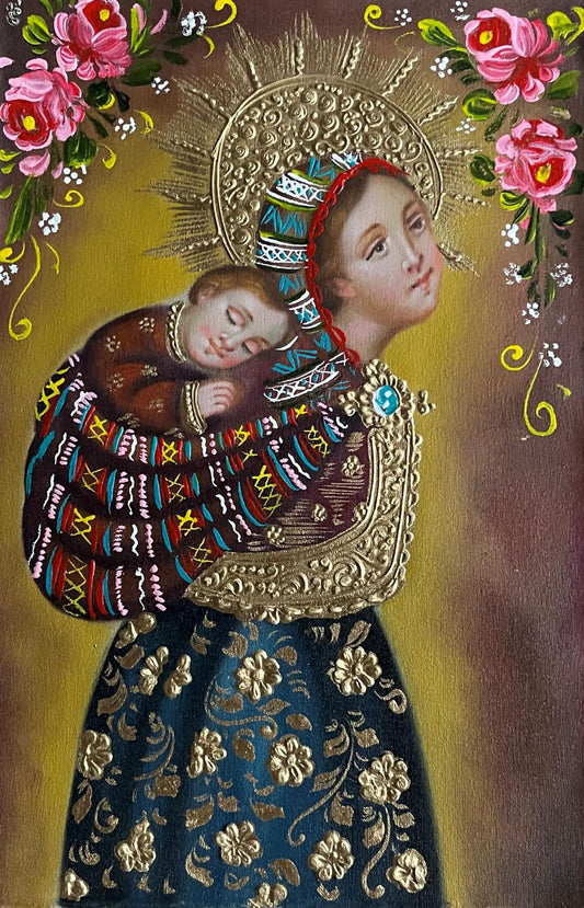 Madonna and Child Original Painting Oil on Canvas Cusco School 7 3/8 x 11 1/4 CS52520