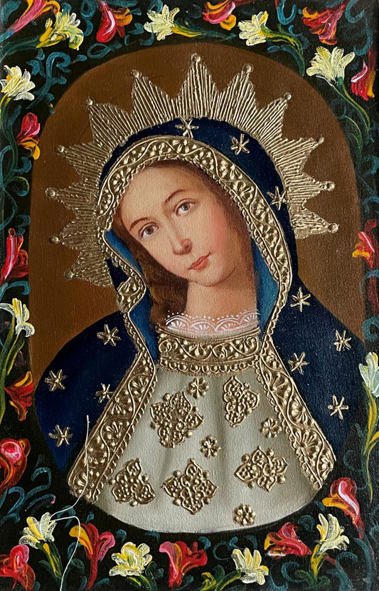 Madonna Virgin Mary Original Painting Oil on Canvas Cusco School 7 3/8 x 11 1/4 CS52522