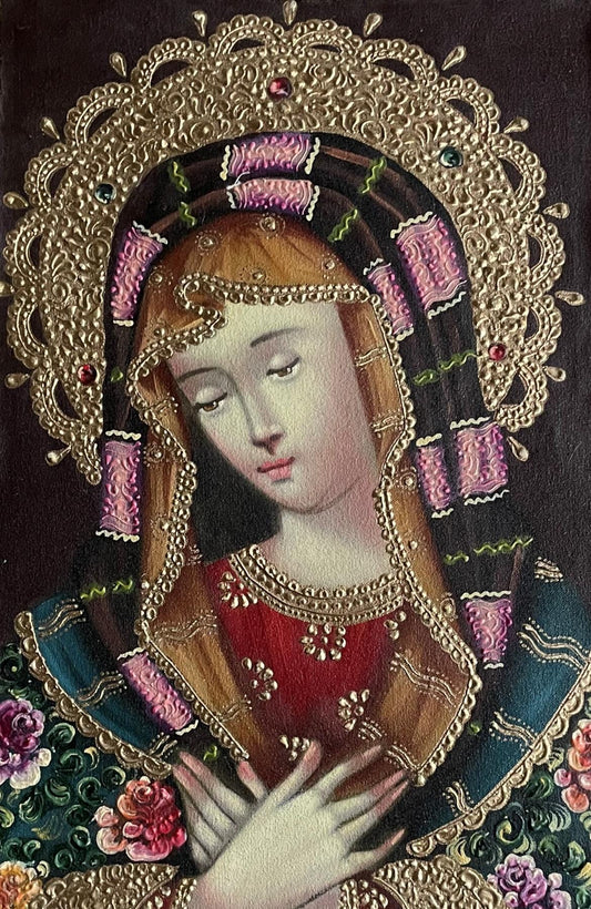 Madonna Virgin Mary Original Painting Oil on Canvas Cusco School 7 3/8 x 11 1/4 CS52523
