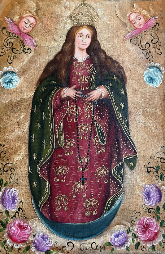 Madonna Virgin Mary Original Painting Oil on Canvas Cusco School 7 3/8 x 11 1/4 CS52524