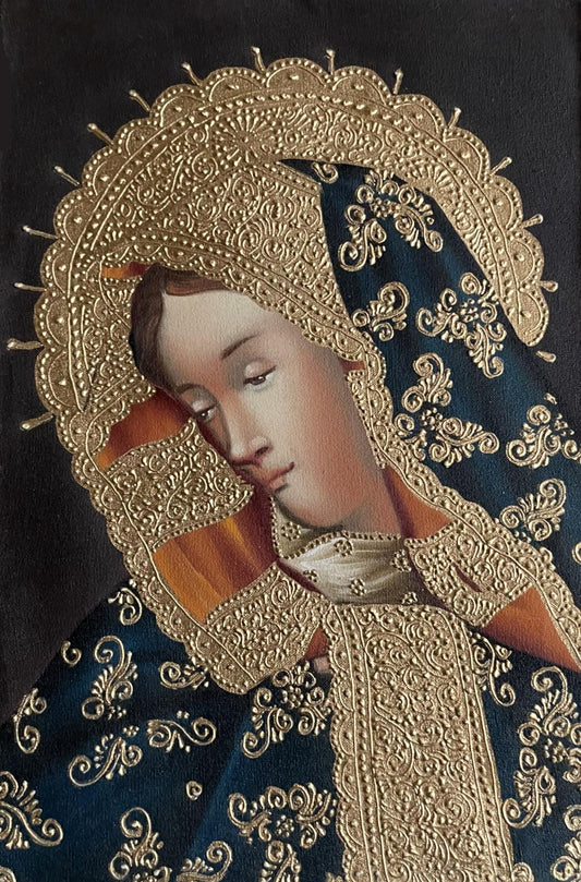 Madonna Virgin Mary Original Painting Oil on Canvas Cusco School 7 3/8 x 11 1/4 CS52526