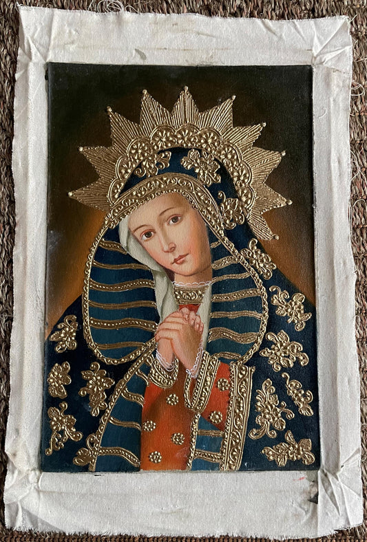 Madonna Virgin Mary Original Painting Oil on Canvas Cusco School 7 3/8 x 11 1/4 CS52531