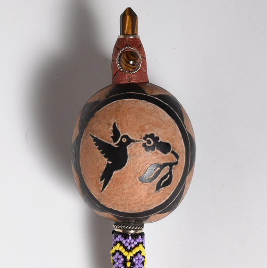 Shipibo Ceremonial Hummingbird Rattle with Bead Work and Tiger Eye Handcrafted in Amazon Region Peru R52523