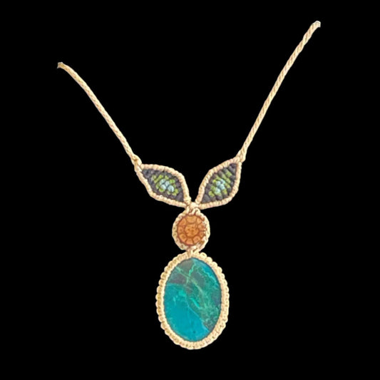 Macrame Necklace Ayahuasca Vine Peruvian Turquoise Hand Crafted by Shipibo in Amazon Basin Peru MN52507