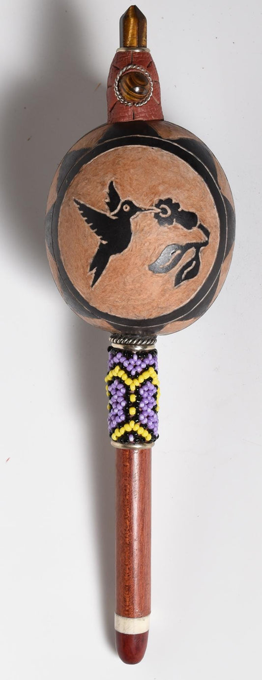 Shipibo Ceremonial Hummingbird Rattle with Bead Work and Tiger Eye Handcrafted in Amazon Region Peru R52523