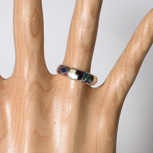 Inca Calendar Ring Size 8 Sacred Valley Peru 950 Silver Stone and Abalone Inlay R52523