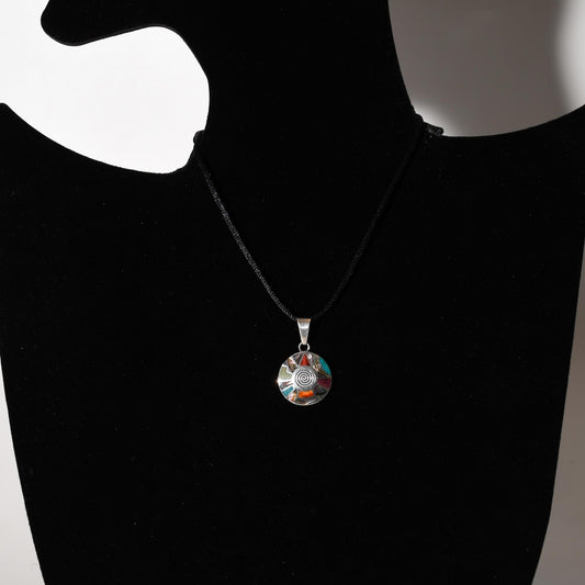 Inca Calendar Pendant with Stone Inlay Peru 950 Silver Sacred Valley P52539