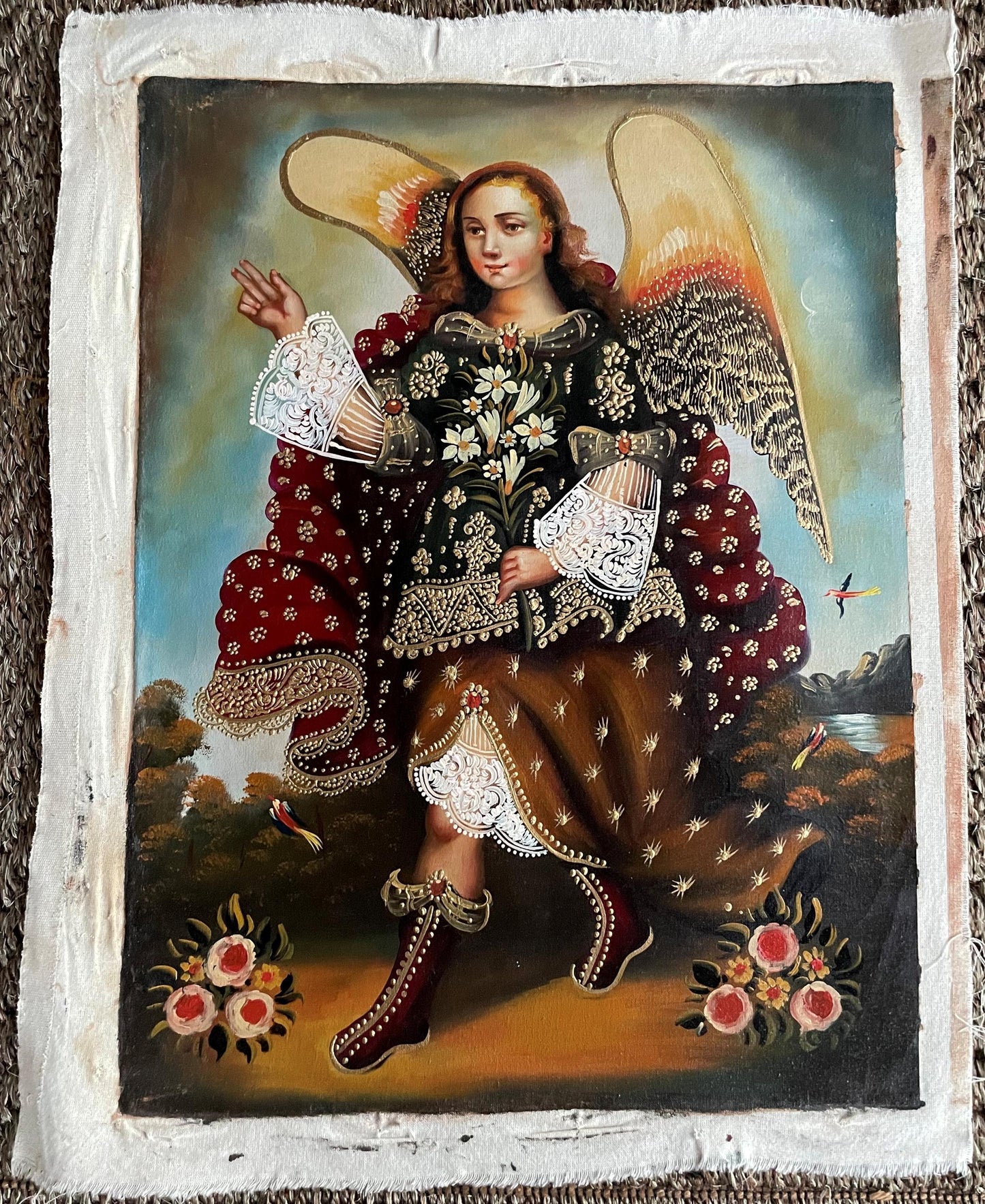 Archangel Gabriel Original Painting Oil on Canvas Cusco School 11 3/4 x 15 1/2 CS52536